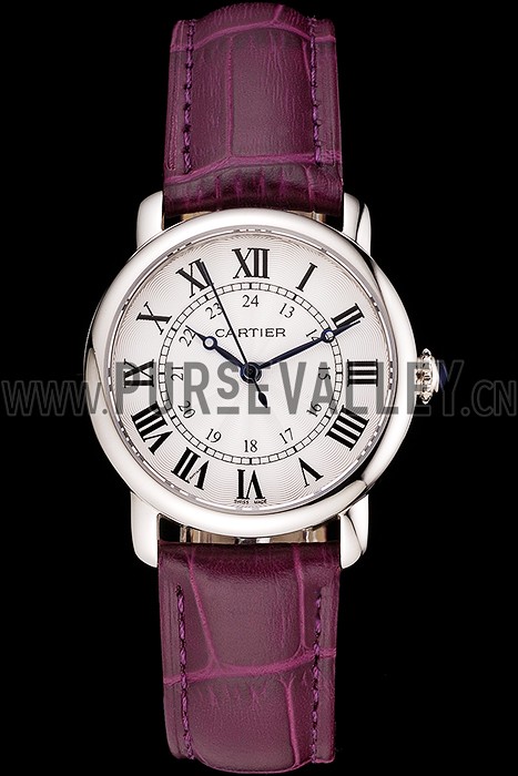 Cartier Ronde White Dial Stainless Steel Case Purple Leather Strap
