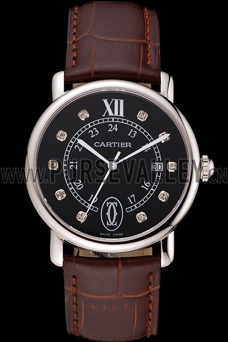 Cartier Ronde Solo Black Dial Diamond Hour Marks Stainless Steel Case Brown Leather Strap
