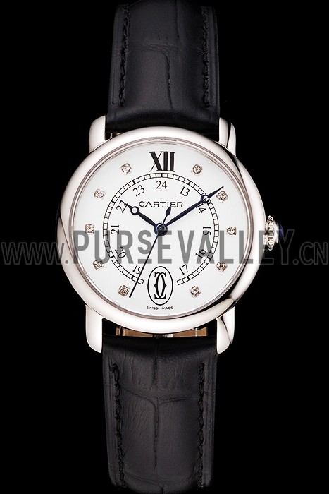 Cartier Ronde White Dial Diamond Hour Marks Stainless Steel Case Black Leather Strap