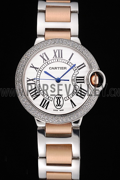 Swiss Ballon Blue De Cartier Diamond Steel Case White Dial Roman Numerals Two Tone Bracelet 622647