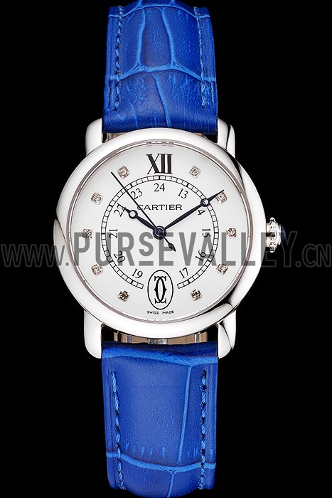 Cartier Ronde White Dial Diamond Hour Marks Stainless Steel Case Blue Leather Strap