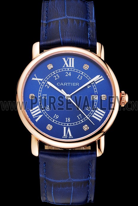 Cartier Ronde Solo Blue Dial Diamond Hour Marks Rose Gold Case Blue Leather Strap