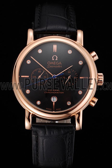 Omega Seamaster Vintage Chronograph Black Dial Diamond Hour Marks Rose Gold Case Black Leather Strap