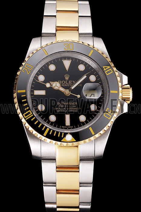 Swiss Rolex Submariner Black Dial And Bezel Two Tone Steel Gold Bracelet