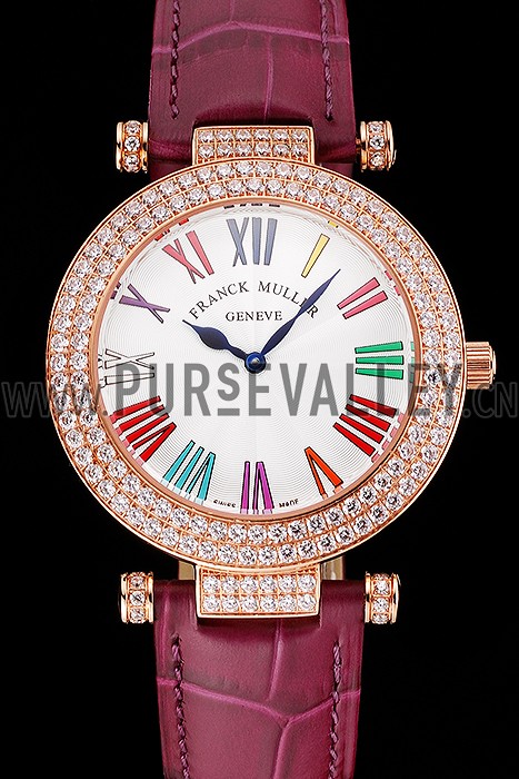 Franck Muller Double Mistery Ronde White Dial Rose Gold Case Plum Leather Strap