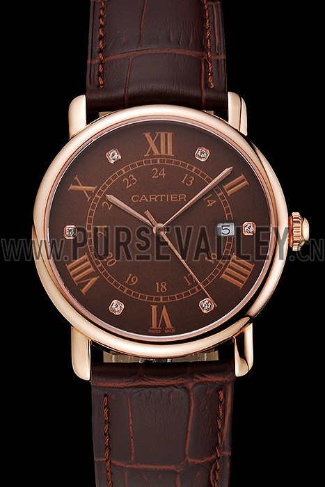 Cartier Ronde Solo Brown Dial Diamond Hour Marks Rose Gold Case Brown Leather Strap