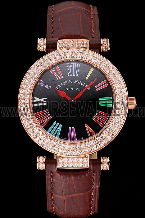 Franck Muller Double Mistery Ronde Black Dial Rose Gold Case Brown Leather Strap