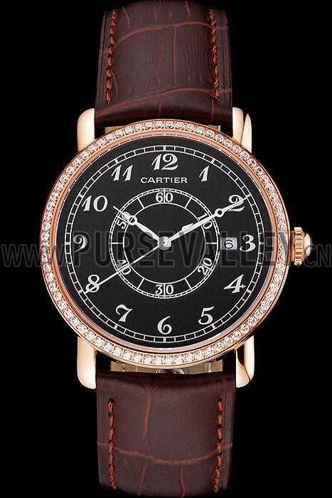 Cartier Ronde Solo Black Dial Diamond Bezel Rose Gold Case Brown Leather Strap