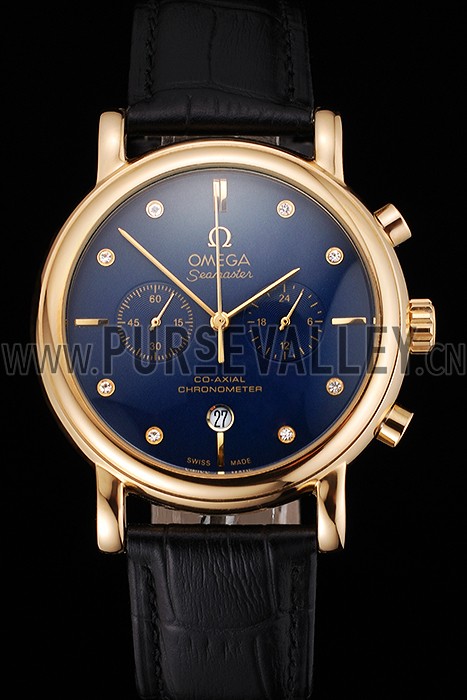 Omega Seamaster Vintage Chronograph Blue Dial Diamond Hour Marks Gold Case Black Leather Strap
