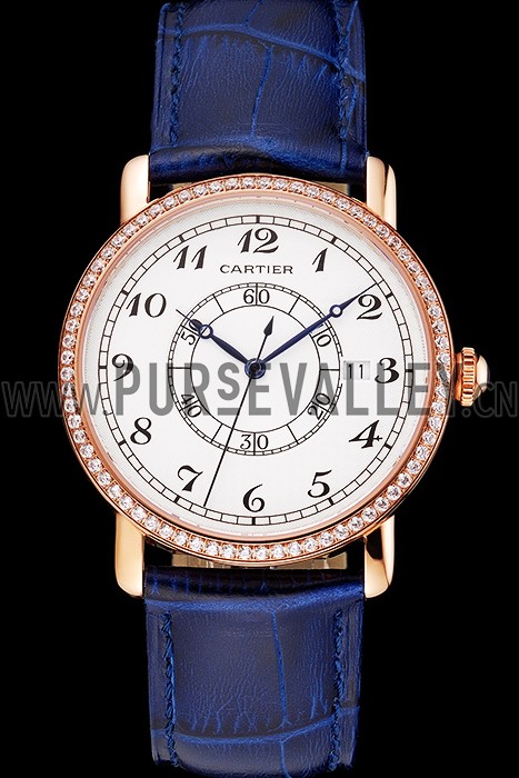 Cartier Ronde Solo White Dial Diamond Bezel Rose Gold Case Blue Leather Strap