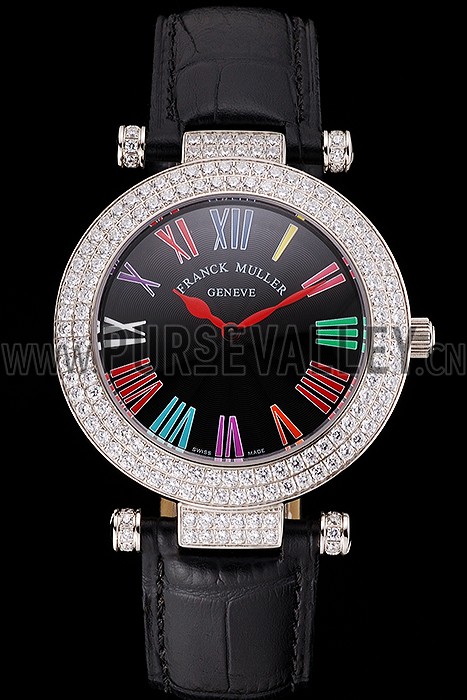 Franck Muller Double Mistery Ronde Black Dial Stainless Steel Case Black Leather Strap