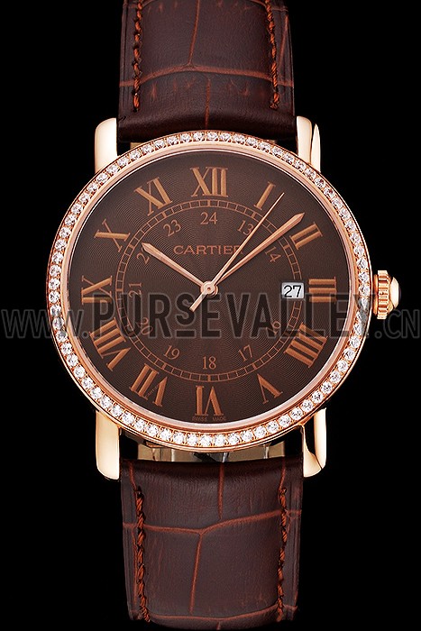 Cartier Ronde Solo Brown Dial Diamond Bezel Rose Gold Case Brown Leather Strap