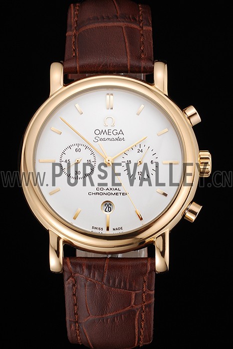 Omega Seamaster Vintage Chronograph White Dial Gold Case Brown Leather Strap