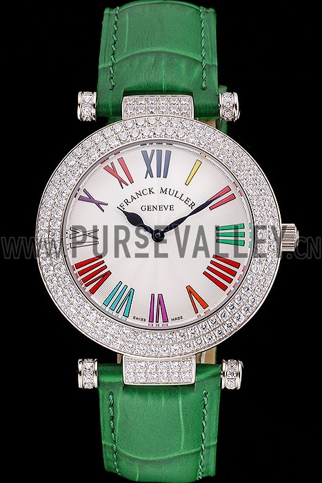 Franck Muller Double Mistery Ronde White Dial Stainless Steel Case Green Leather Strap