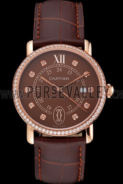Cartier Ronde Solo Brown Dial Diamond Hour Marks And Bezel Rose Gold Case Brown Leather Strap