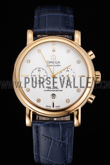 Omega Seamaster Vintage Chronograph White Dial Diamond Hour Marks Gold Case Blue Leather Strap