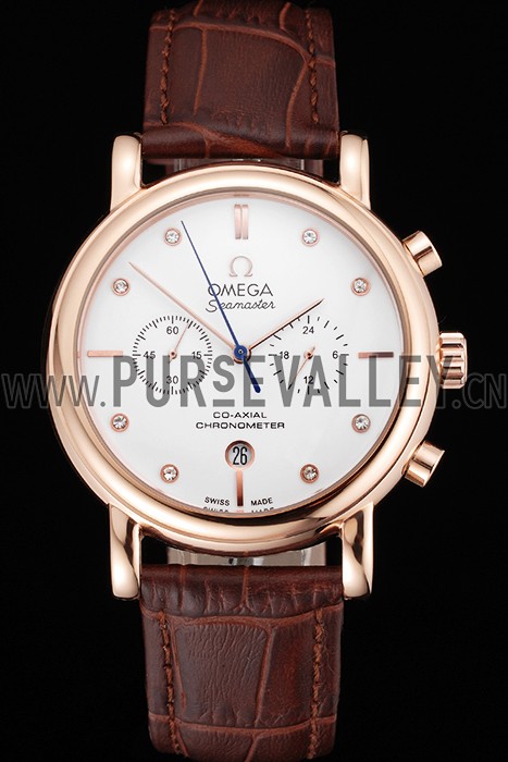 Omega Seamaster Vintage Chronograph White Dial Diamond Hour Marks Rose Gold Case Brown Leather Strap