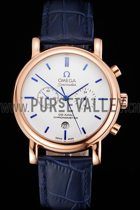 Omega Seamaster Vintage Chronograph White Dial Blue Hour Marks Rose Gold Case Blue Leather Strap