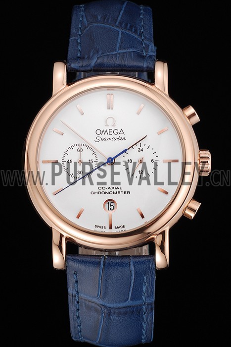 Omega Seamaster Vintage Chronograph White Dial Rose Gold Case Blue Leather Strap