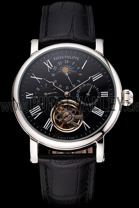 Patek Philippe Grand Complications Moonphase Perpetual Calendar Tourbillon Black Dial Stainless Steel Case Black Leather Strap