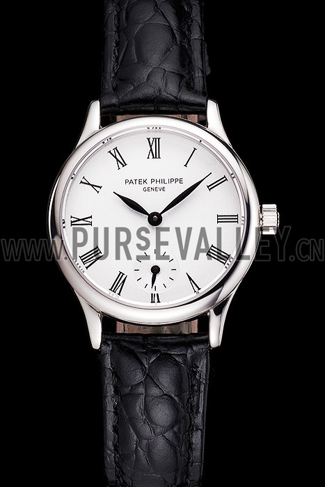 Patek Philippe Calatrava White Dial Roman Numerals Stainless Steel Case Black Leather Strap
