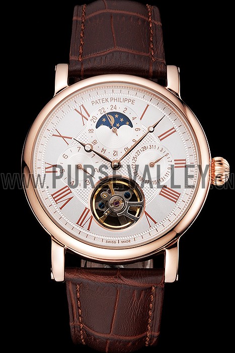 Patek Philippe Grand Complications Moonphase Perpetual Calendar Tourbillon White Dial Rose Gold Case Brown Leather Strap