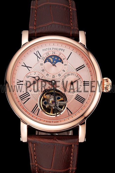 Patek Philippe Grand Complications Moonphase Perpetual Calendar Tourbillon Rose Gold Case And Dial Brown Leather Strap