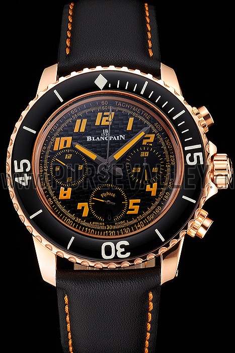Swiss Blancpain Fifty Fathoms Flyback Chronograp Carbon Fiber Dial Rose Gold Case Black Leather Strap