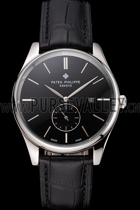 Patek Philippe Calatrava Date Black Dial Stainless Steel Case Black Leather Strap