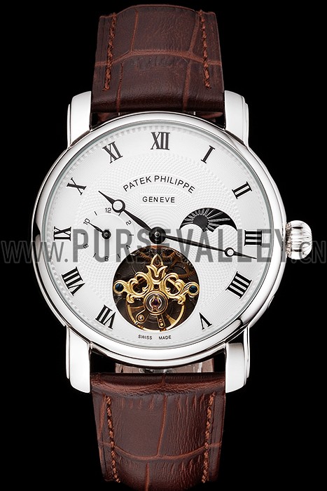 Patek Philippe Complications Moonphase Tourbillon White Dial Stainless Steel Case Brown Leather Strap