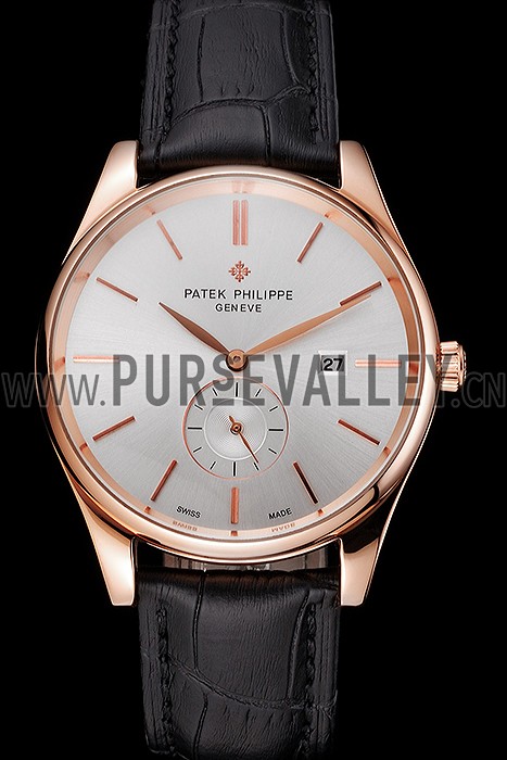 Patek Philippe Calatrava Date White Dial Rose Gold Case Black Leather Strap