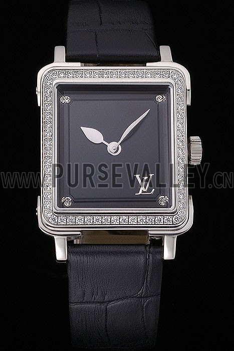 Louis Vuitton Emprise Black Dial Stainless Steel Case With Jewels Black Leather Strap 622789