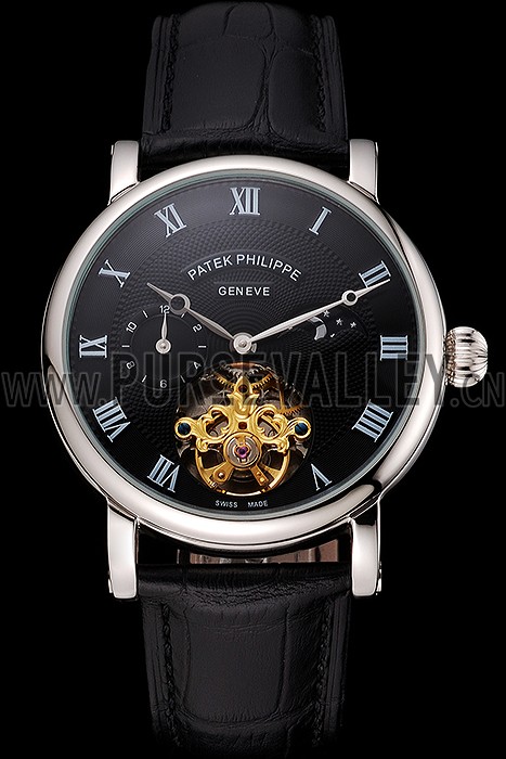 Patek Philippe Complications Moonphase Tourbillon Black Dial Stainless Steel Case Black Leather Strap