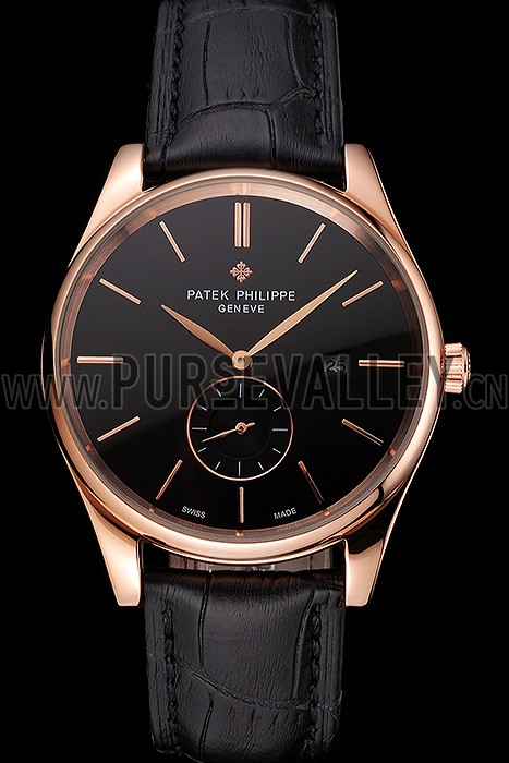 Patek Philippe Calatrava Date Black Dial Rose Gold Case Black Leather Strap