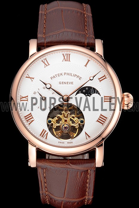 Patek Philippe Complications Moonphase Tourbillon White Dial Rose Gold Case Brown Leather Strap