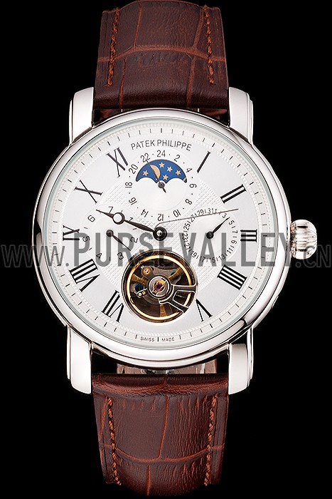 Patek Philippe Grand Complications Moonphase Perpetual Calendar Tourbillon White Dial Stainless Steel Case Brown Leather Strap