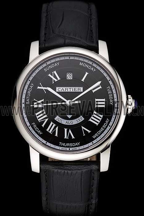 Swiss Cartier Rotonde Annual Calendar Black Dial Stainless Steel Case Black Leather Strap