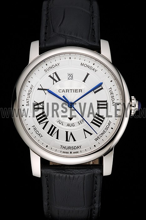 Swiss Cartier Rotonde Annual Calendar White Dial Stainless Steel Case Black Leather Strap