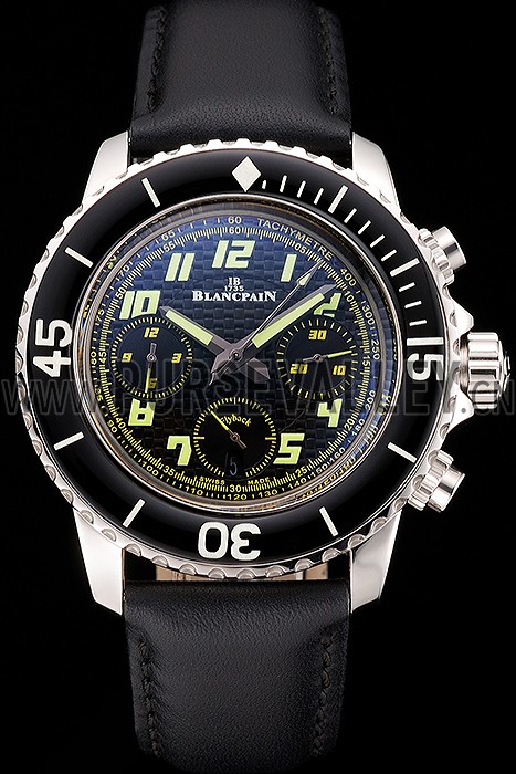 Swiss Blancpain Fifty Fathoms Flyback Chronograph Carbon Fiber Dial Stainless Steel Case Black Leather Strap