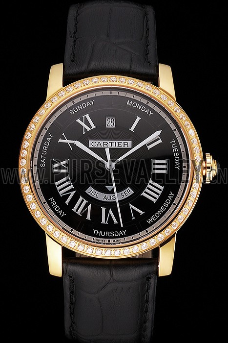 Swiss Cartier Rotonde Annual Calendar Black Dial Diamond Bezel Gold Case Black Leather Strap
