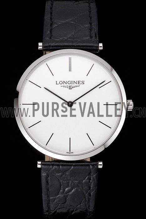 Swiss Longines Grande Classique White Dial Stainless Steel Case Black Leather Strap