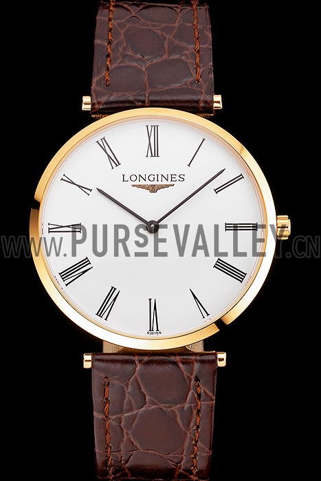 Swiss Longines Grande Classique White Dial Roman Numerals Gold Case Brown Leather Strap