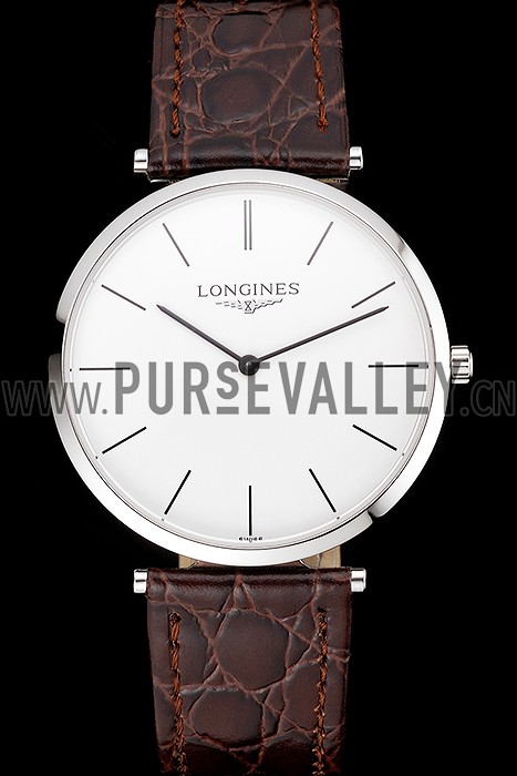 Swiss Longines Grande Classique White Dial Stainless Steel Case Brown Leather Strap