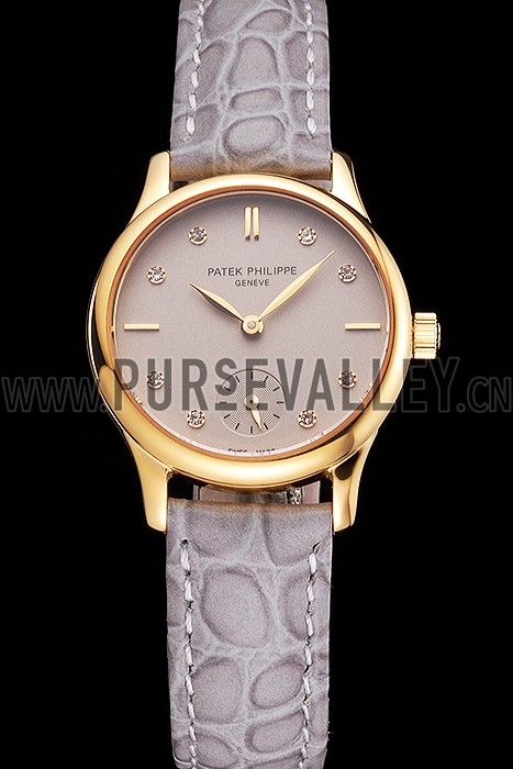 Patek Philippe Calatrava Gray Dial Diamond Markings Gold Case Gray Leather Strap