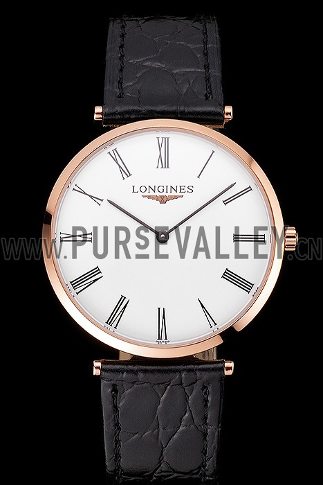 Swiss Longines Grande Classique White Dial Roman Numerals Rose Gold Case Black Leather Strap