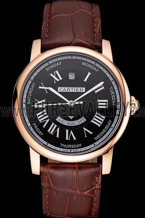Swiss Cartier Rotonde Annual Calendar Black Dial Rose Gold Case Brown Leather Strap