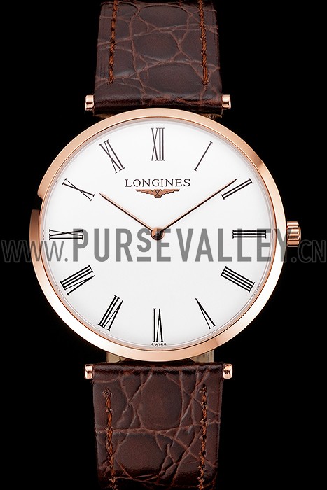 Swiss Longines Grande Classique White Dial Roman Numerals Rose Gold Case Brown Leather Strap