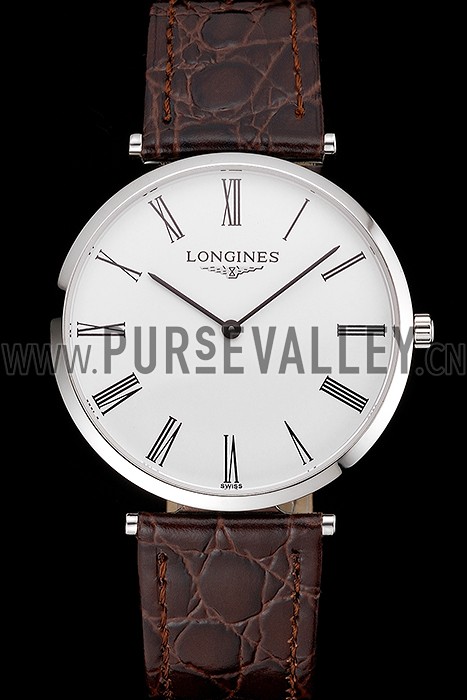 Swiss Longines Grande Classique White Dial Roman Numerals Stainless Steel Case Brown Leather Strap