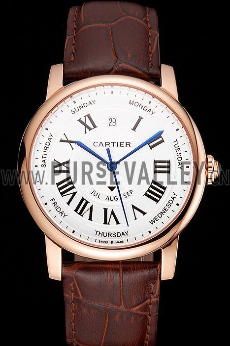 Swiss Cartier Rotonde Annual Calendar White Dial Rose Gold Case Brown Leather Strap