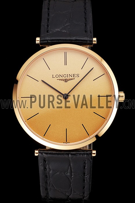Swiss Longines Grande Classique Gold Dial Gold Case Black Leather Strap